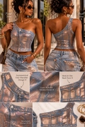 Rose Gold Luxe One-Shoulder Denim Top