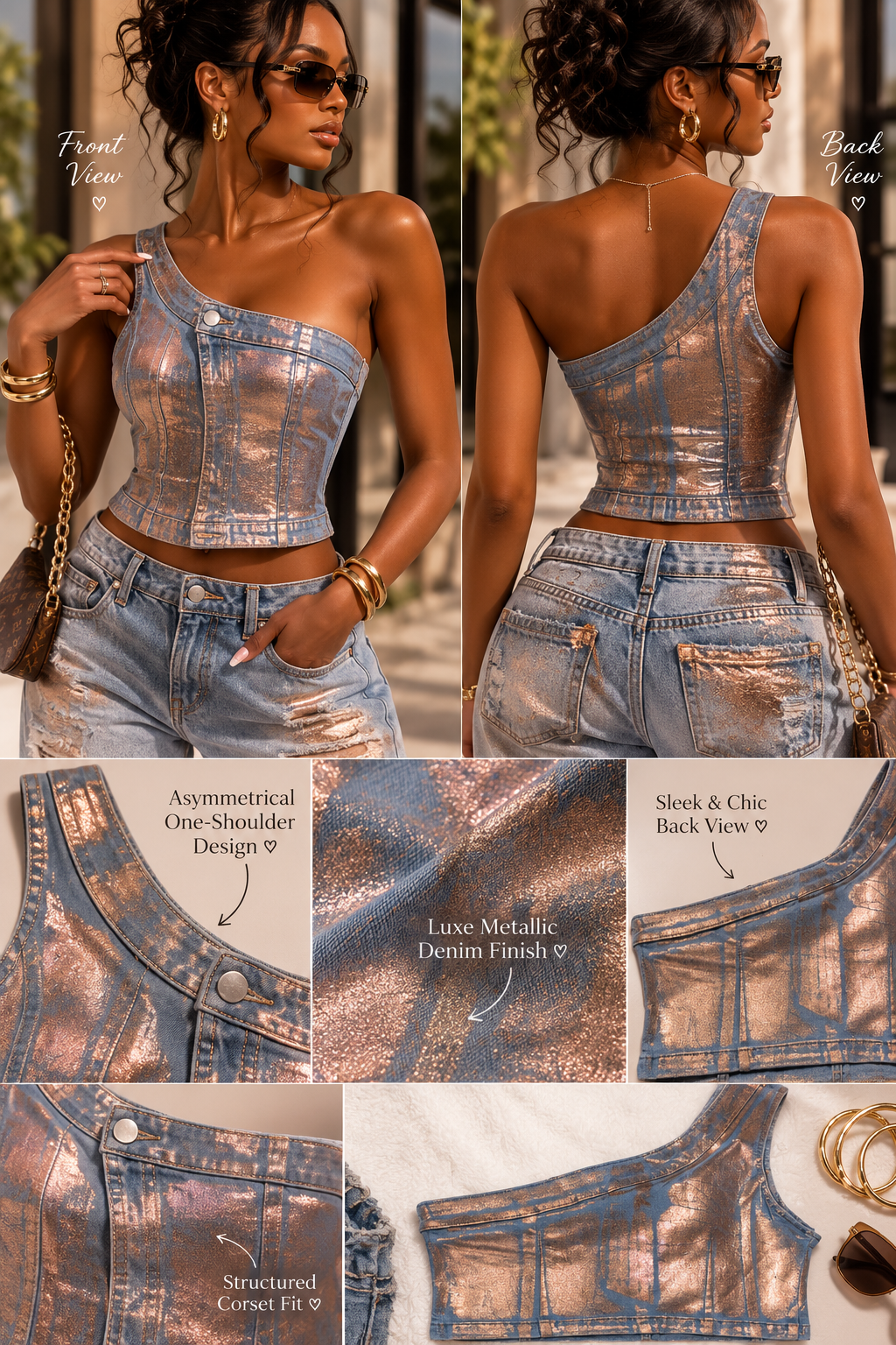 Rose Gold Luxe One-Shoulder Denim Top