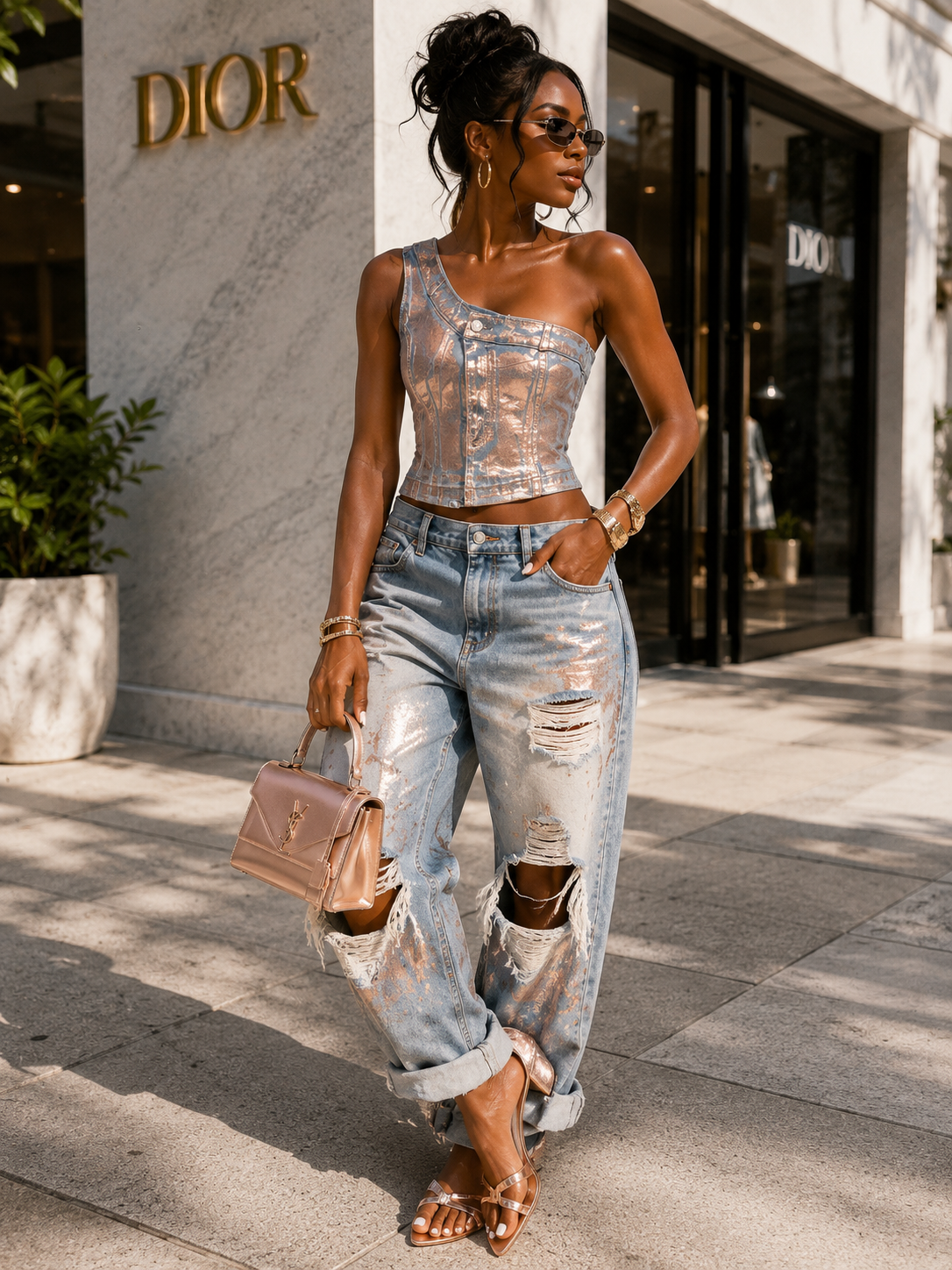 Rose Gold Luxe One-Shoulder Denim Top